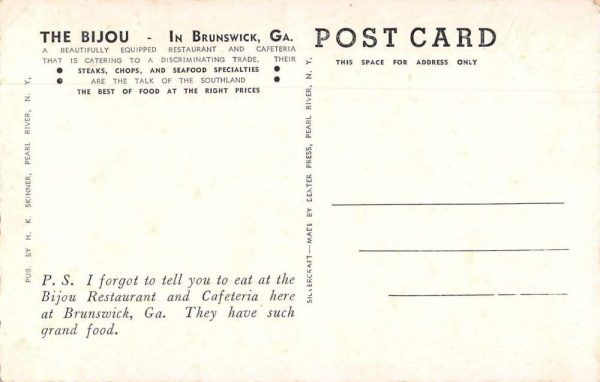 Brunswick Georgia Bijou Restaurant and Cafeteria Vintage Postcard JF235224 - Image 2