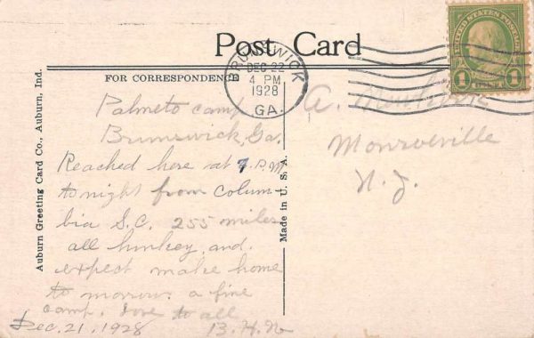 Brunswick Georgia Palmetto Tourist Camp Vintage Postcard JF235225 - Image 2