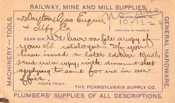 Willkes-Barre Pennsylvania Railway Mine and Mill Supplies Ad Postcard JF235297