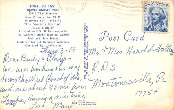 New Orleans Louisiana Travel Trailer Park Vintage Postcard JF235299 - Image 2