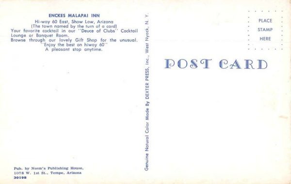 Show Low Arizona Enckes Malapai Inn and Restaurant Vintage Postcard JF235302 - Image 2