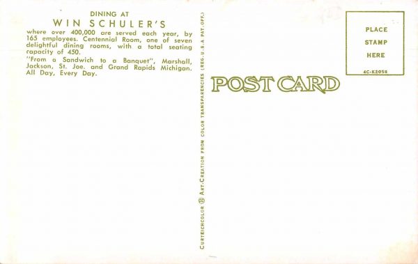 Grand Rapids Michigan Win Schuler's Dining Room Vintage Postcard JE229885 - Image 2