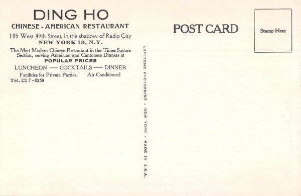 New York City Ding Ho Dining Room Chinese Restaurant Vintage Postcard JE229909 - Image 2