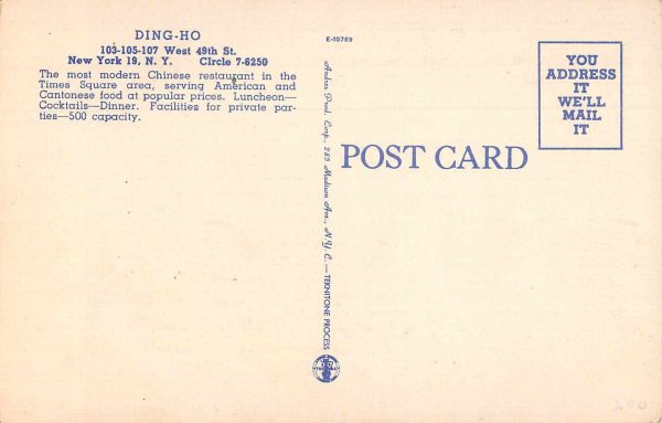 New York City Ding Ho Chinese Restaurant Vintage Postcard JE229912 - Image 2