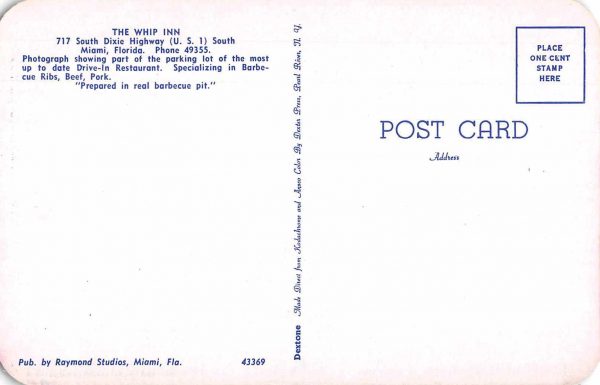 Miami Florida The Whip Inn Bar-B-Q Restaurant Vintage Postcard JE229950 - Image 2