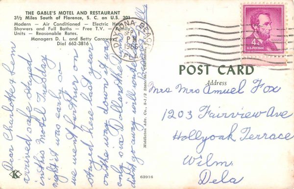 Florence South Carolina Gable's Motel and Bar-B-Q Restaurant Postcard JE229951 - Image 2
