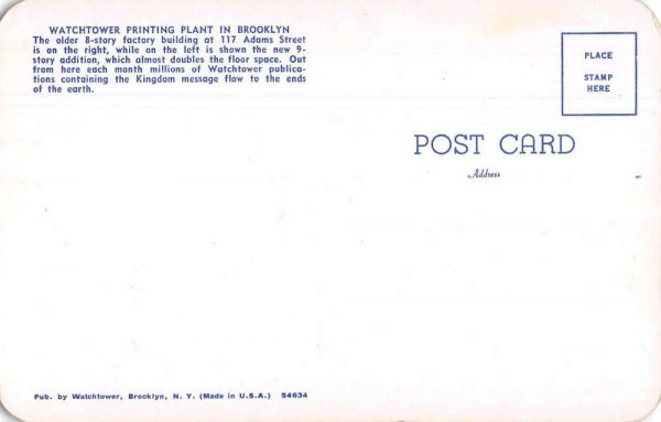 Brooklyn New York Watchtower Printing Plant Factory Vintage Postcard JE359025 - Image 2