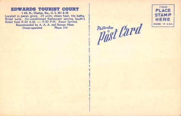 Claxton Georgia Edwards Tourist Court Vintage Postcard JE359072 - Image 2