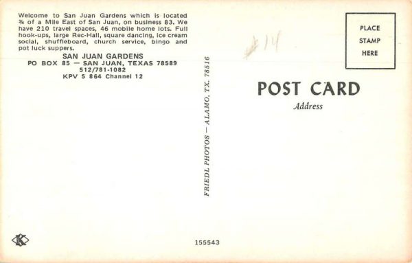San Juan Texas San Juan Gardens Trailer Park Aerial View Postcard JE359101 - Image 2