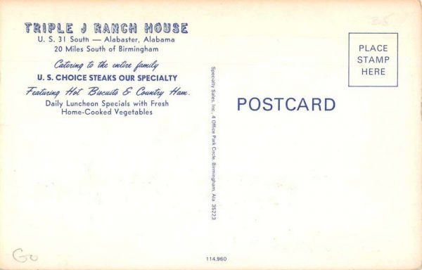 Alabaster Alabama Triple J Ranch House Restaurant Vintage Postcard JE359156 - Image 2