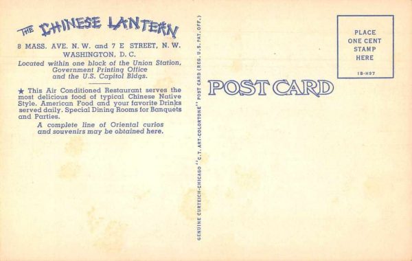 Washington DC Chinese Lantern Chinese Restaurant Vintage Postcard JE359212 - Image 2