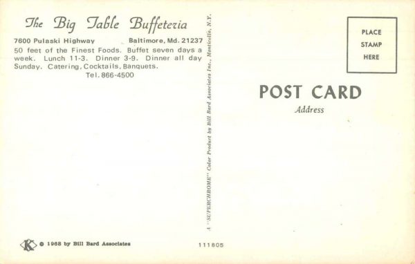 Baltimore Maryland Big Table Buffeteria Restaurant Vintage Postcard JE359227 - Image 2