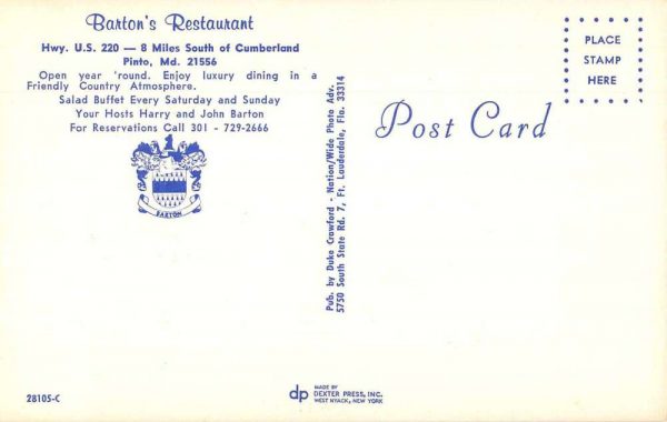 Pinto Maryland Barton's Restaurant Vintage Postcard JE359228 - Image 2