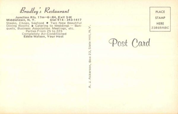 Middletown New York Bradley's Restaurant Vintage Postcard JE359230 - Image 2