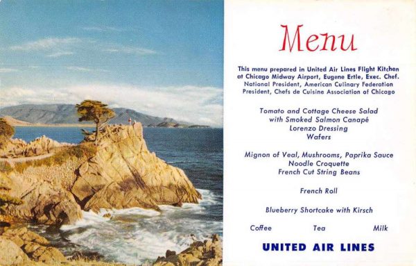 United Air Lines Dinner Menu Lone Cypress Point Vintage Postcard JE359239
