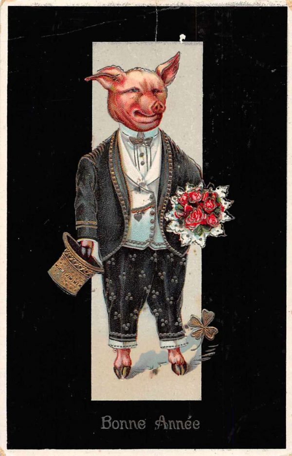Bonnee Annee Greetings Dressed Pig with Flowers Vintage Postcard JE359246
