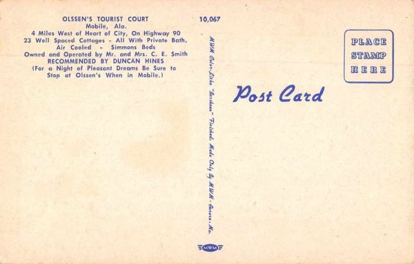 Mobile Alabama Olssen's Tourist Court Linen Vintage Postcard JE359303 - Image 2