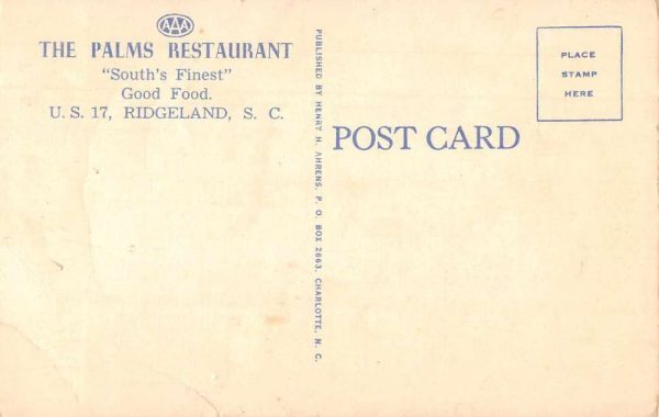 Ridgeland South Carolina The Palms Restaurant Vintage Postcard JE359331 - Image 2