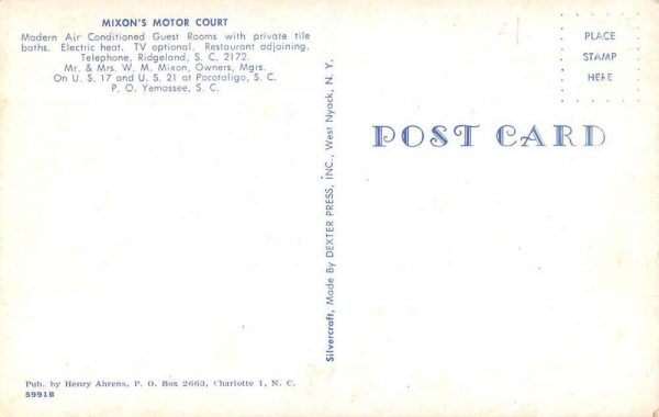Pocotaligo South Carolina Mixon's Motor Court Vintage Postcard JE359336 - Image 2