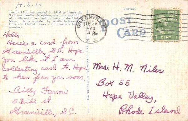 Greenville South Carolina Textile Hall Exterior Vintage Postcard JE359348 - Image 2