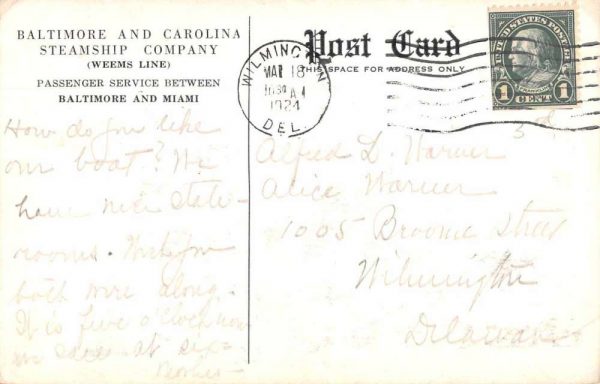 Baltimore and Carolina Steamship Co Esther Weems Steamer Postcard JE359394 - Image 2