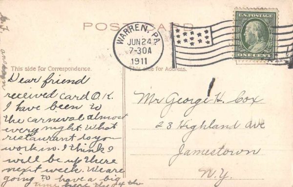 Warren Pennsylvania Romance Kissing Vintage Postcard JE359551 - Image 2
