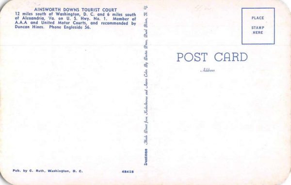 Alexandria Virginia Ainsworth Downs Tourist Court Vintage Postcard JE359582 - Image 2