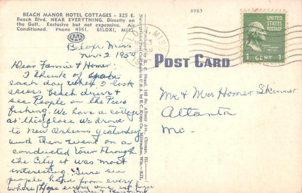 Biloxi Mississippi Beach Manor Hotel Cottages Vintage Postcard JE359612 - Image 2