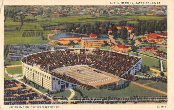 Baton Rouge Louisiana aerial view L. S. U. Stadium linen antique pc ZD549470