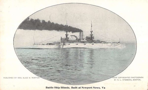Newport News Virginia birds eye view battleship "Illinois" antique pc ZD549476