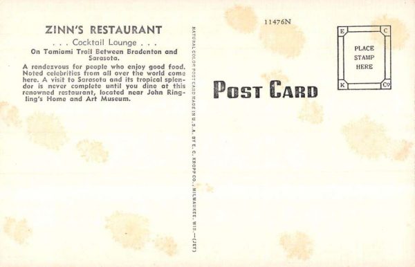 Sarasota Florida view of Zinn's Restaurant-Cocktail Lounge antique pc ZD549487 - Image 2