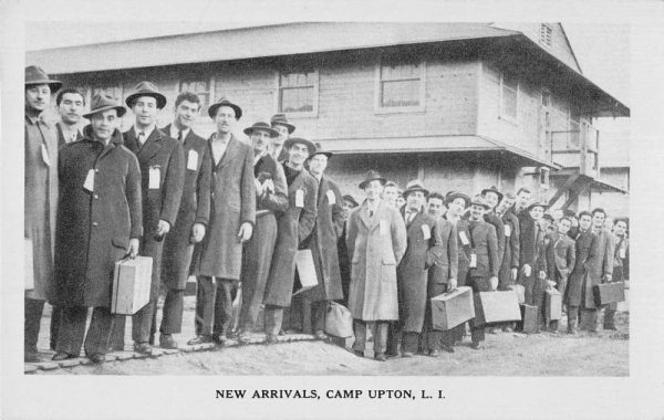 Camp Upton L. I. New York "new arrivals" long line of men antique pc ZD549493