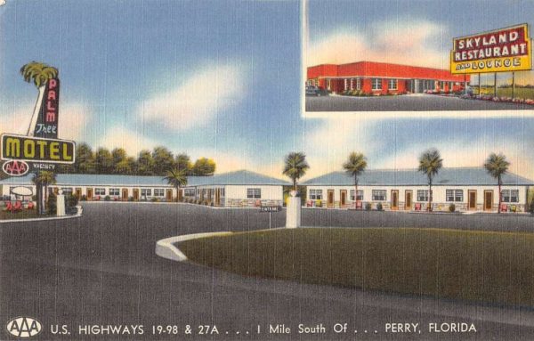 Perry Florida view of Palm Motel & Skyland Restaurant linen antique pc ZD549495