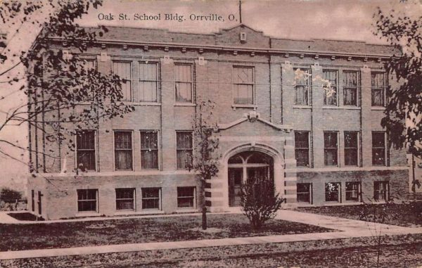 Orrville Ohio birds eye view Oak St School Building antique pc ZD549554