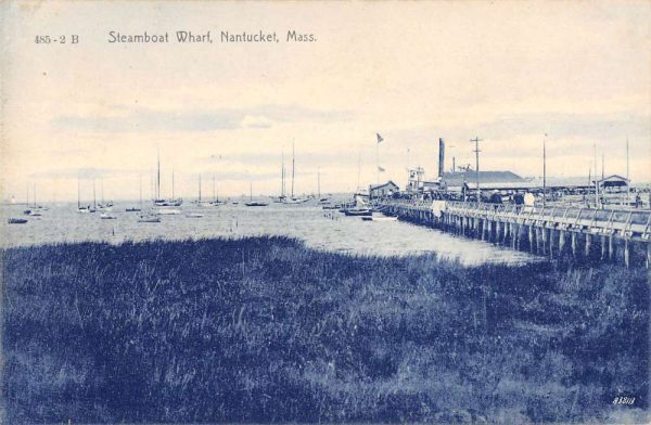 Nantucket Massachusetts birds eye view steamboat wharf boats antique pc ZD549580