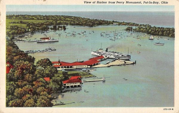 Put-In-Bay Ohio aerial view harbor from Perry Monument antique pc ZD549602