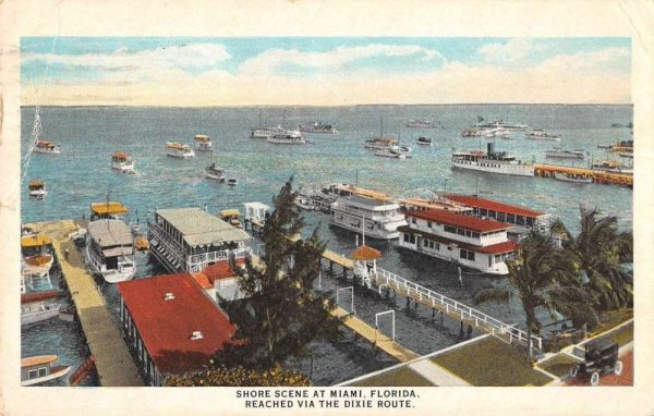 Miami Florida shore scene boats ships piers antique pc ZD549615