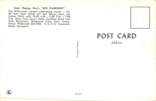 Wildwood Crest New Jersey "Big Flamingo" Capt George Sinn vintage pc ZD549631 - Image 2