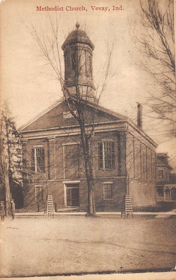 Vevay Indiana birds eye view Methodist Church entrance antique pc ZD549683