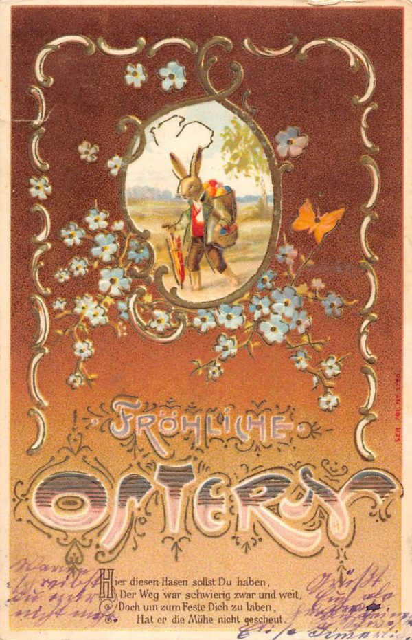 Frohliche Ostern dressed bunny Easter greetings antique pc ZD549721