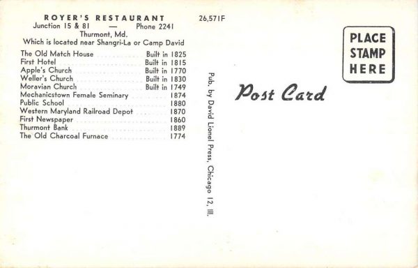 Thurmont Maryland birds eye view Royer's Restaurant antique pc ZD549831 - Image 2