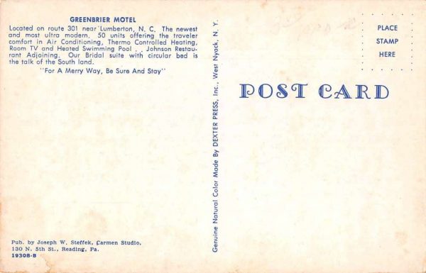 Lumberton North Carolina room & courtyard Greenbrier Motel vintage pc ZD549885