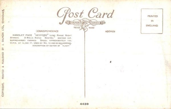 Royal Air Force Handley Page "Heyford" night bomber antique pc ZD549920 - Image 2