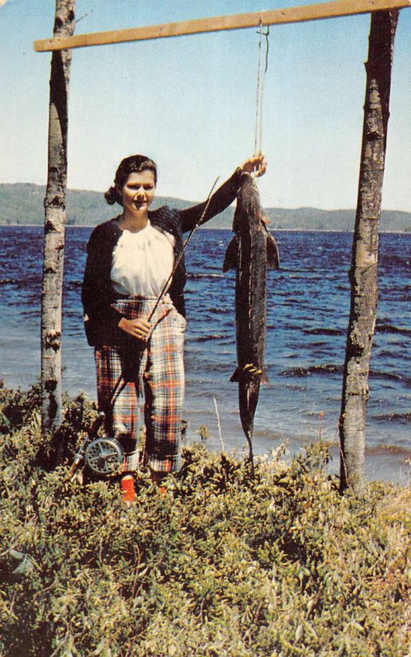 Maniwaki Que. Canada Baskatong Lake woman with fish vintage pc ZD549957