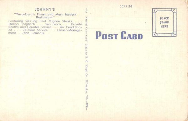 Tuscaloosa Alabama Johnny's Restaurant Vintage Postcard JE359736 - Image 2
