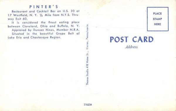 Westfield New York Pinter's Restaurant Vintage Postcard JE359739 - Image 2