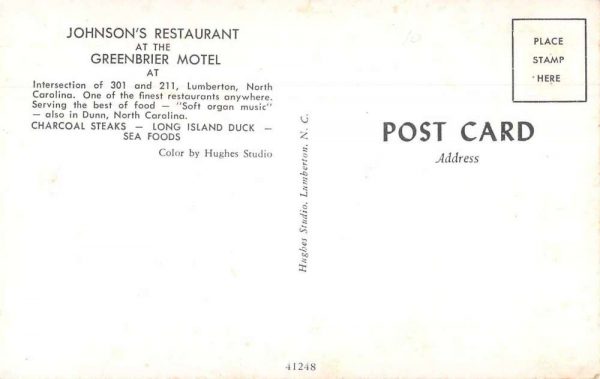 Lumberton North Carolina Greenbrier Motel Johnson's Restaurant PC JE359744 - Image 2