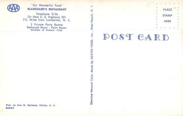 Lumberton North Carolina Blanchard's Restaurant Vintage Postcard JE359747 - Image 2