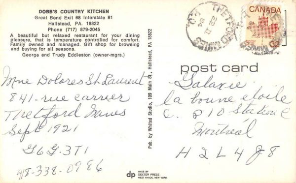 Hallstead Pennsylvania Dobb's Country Kitchen Vintage Postcard JE359750 - Image 2
