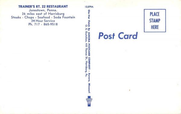Jonestown Pennsylvania Trainer's Route 22 Restaurant Vintage Postcard JE359751 - Image 2